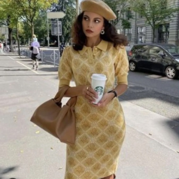 Simple Retro Ariana Floral Pattern Yellow Midi Knitted Dress Size Large pin-up - Picture 1 of 16